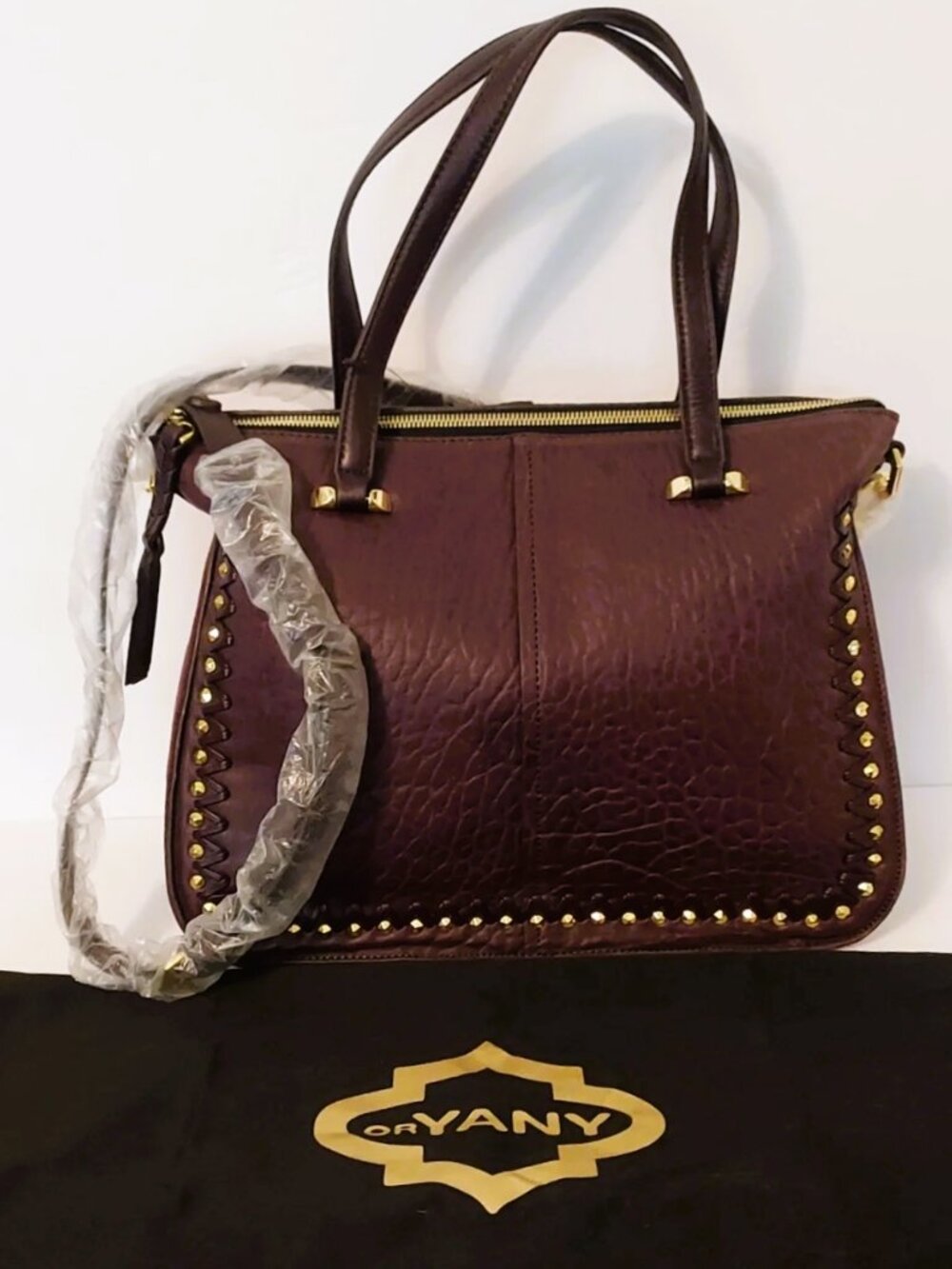 OrYany Leather Satchel Shoulder Bag Burgandy Gold Studs Hardware